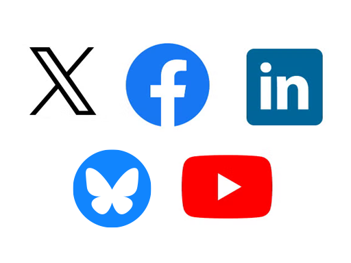 An image showing icons for "X", Facebook, LinkedIn, YouTube, and BlueSky.